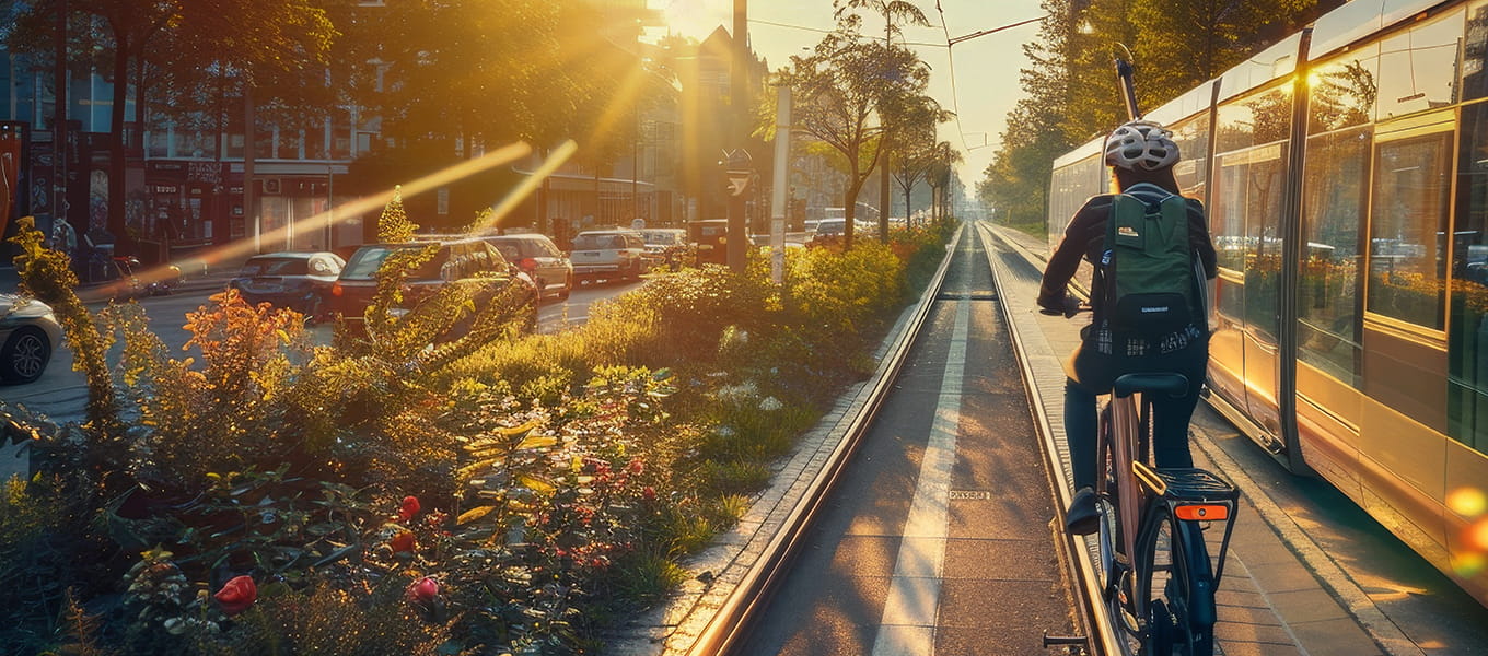 a bike rider riding next to a train